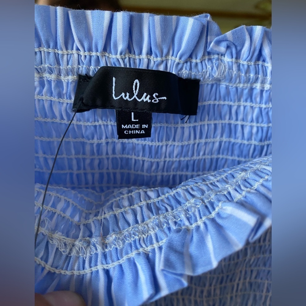Lulus blue striped smocked skater midi dress large - Picture 3 of 8